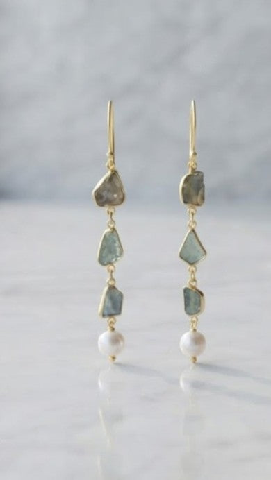 Golden Mystery Azure Pearl Linear Drops Earrings