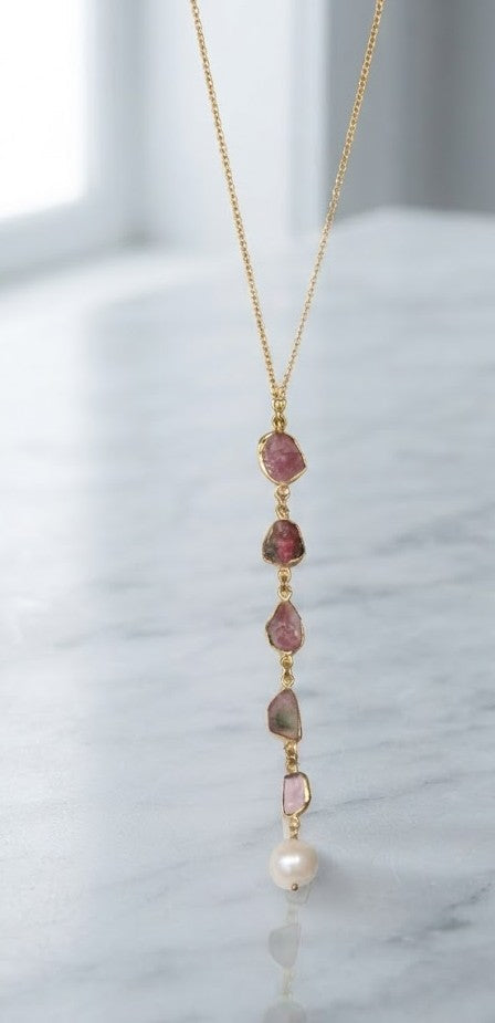 Golden Mystery Rosy Cascade Lariat Necklace