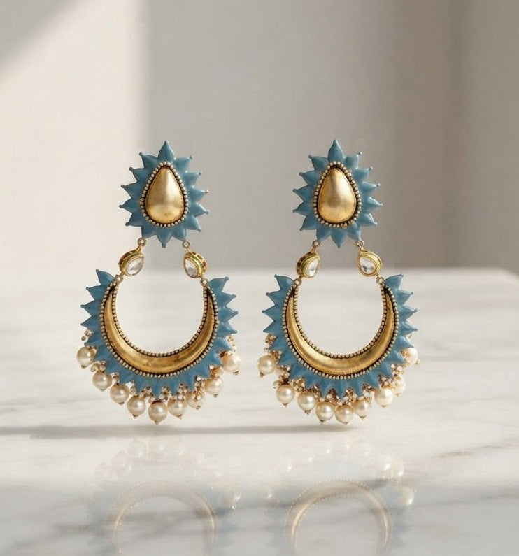 Maya Meena Chandbalis - blue enamel chandbali earrings with pearl drops