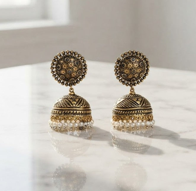 Maya Classic Jhumka - antique gold etched jhumka earrings with pearl border