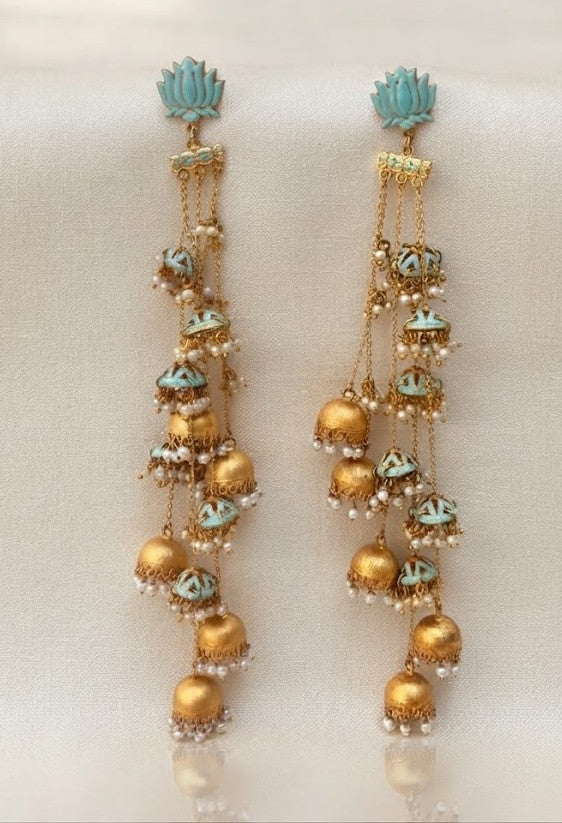 Maya Lotus Shoulder Dusters - blue enamel lotus with tiered gold jhumka drops