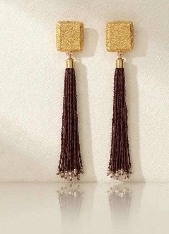 Maya Midnight Tassel Studs - gold square stud with deep-red beaded tassels