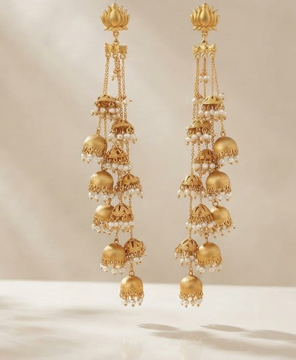 Maya Golden Shoulder Dusters - ornate gold-tone earrings with tiered jhumka cascade