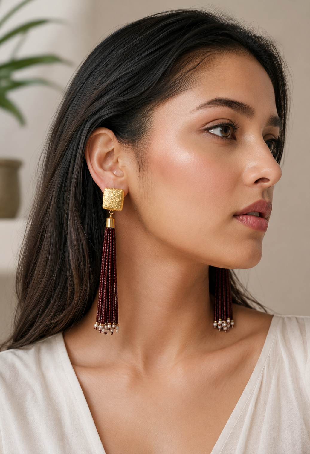 Maya Midnight Tassel Studs styled view