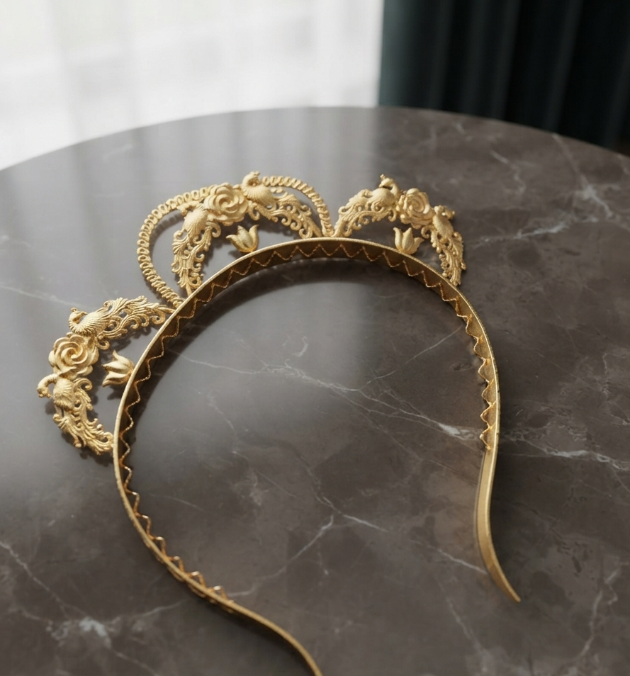 Maya Royal Headband - ornate gold-tone headband with floral and crescent detailing
