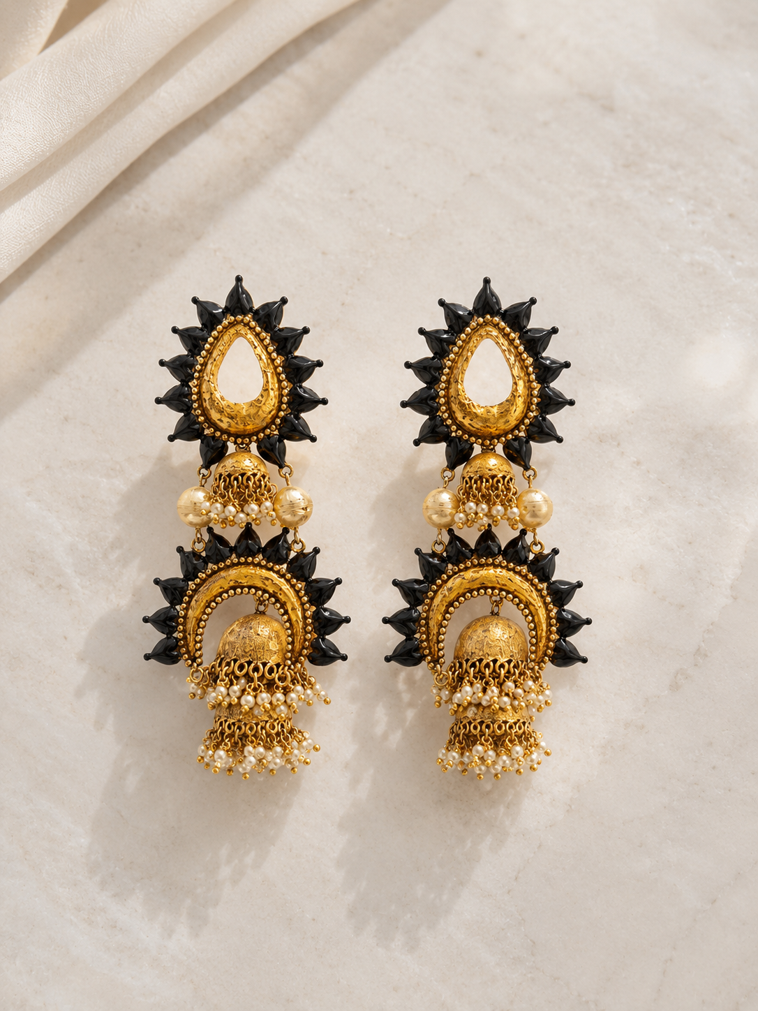 Maya Royal Jhumkas - large ornate gold-tone jhumka earrings with stone detailing
