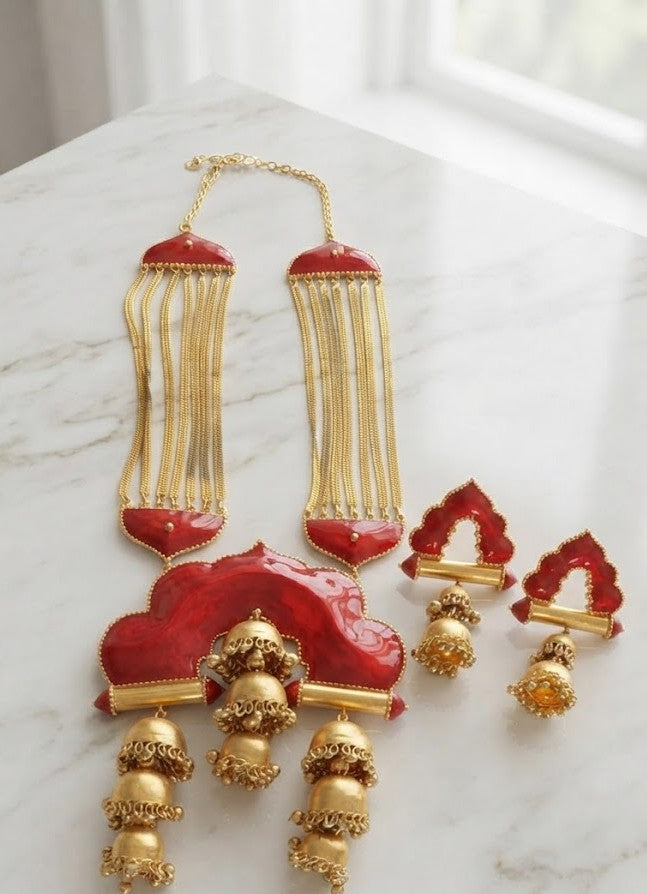The Maya Crimson Heritage Set - layered crimson stone necklace with gold filigree and pendant drops