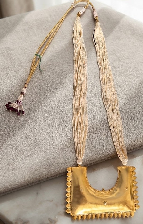 Maya Golden Crescent Necklace - sweeping crescent pendant with embossed detailing and chain fringe