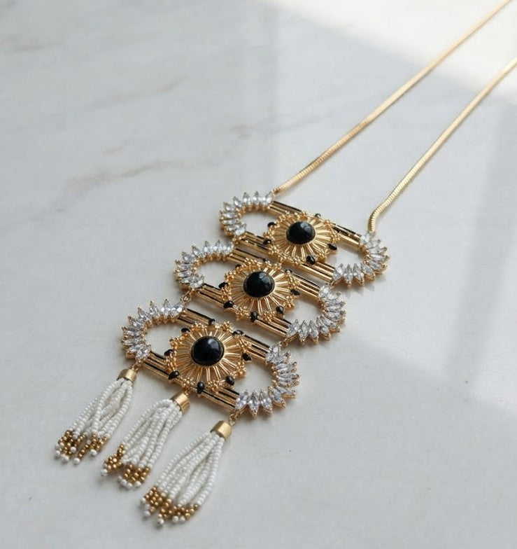 Maya Deco Tassel Cascade - Art Deco gold filigree necklace with cascading tassel drops