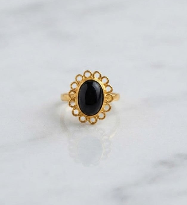 Maya Noir Oval Ring - black oval stone in a slim gold-tone band