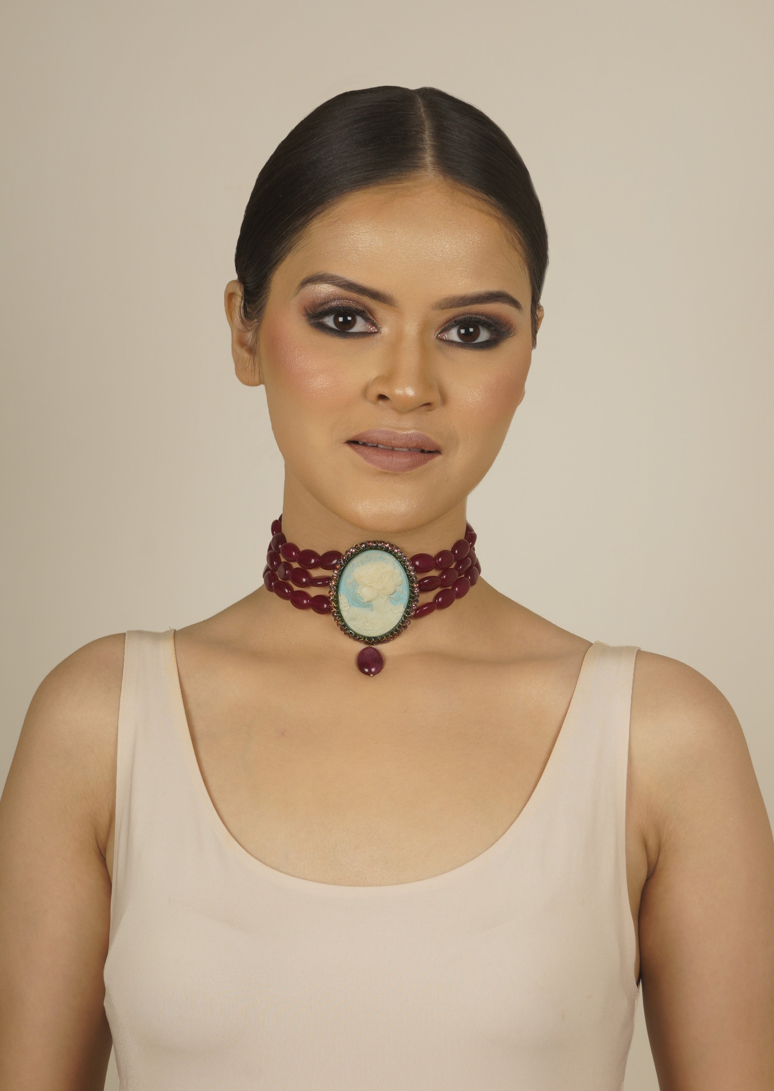 Moti Necklace - 22K Gold-Plated Brass with Cameo & Jade