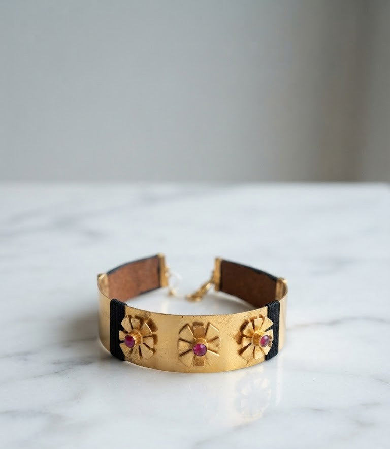 Metal Blast Multi-Motif Choker - gold floral sunburst choker with leather accents