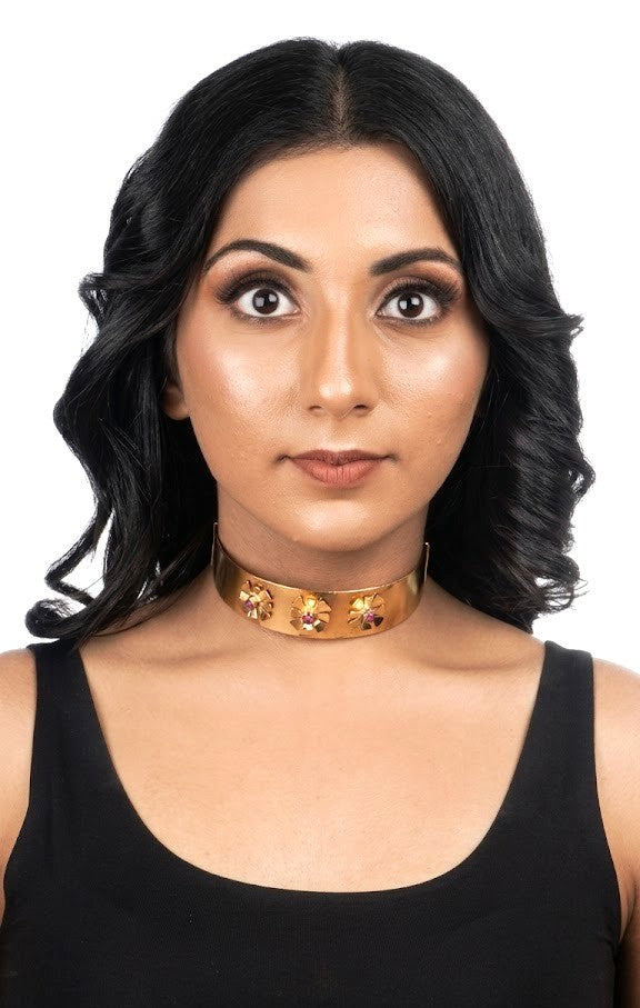 Metal Blast Multi-Embellished Choker - polished gold choker with three vibrant floral motifs