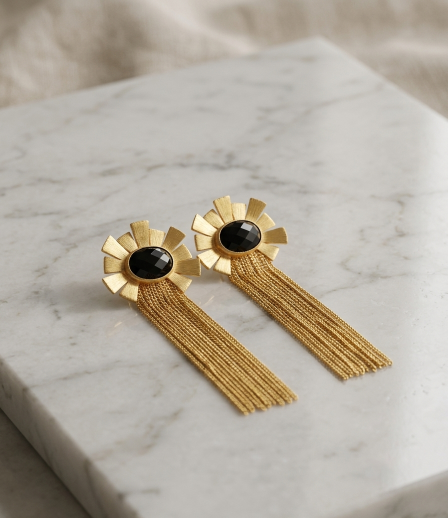 Metal Blast Celestial Blast Earrings - bold metallic ray earrings with chain tassels