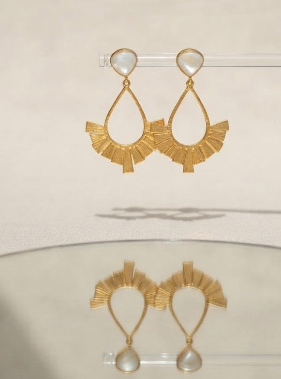 Metal Blast Pearl Drop Earrings - pearl with gold-tone metallic burst frame drop earrings