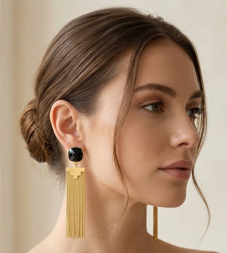 Metal Blast Columnar Blast Earrings - black stone with cascading gold chain drop earrings