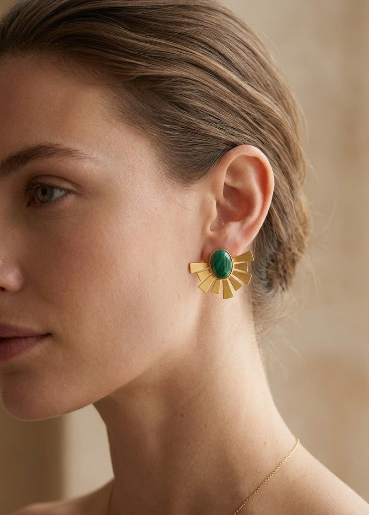 Metal Blast Malachite Burst Studs - green malachite stone with golden ray frame stud earrings