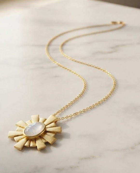 Metal Blast Sunburst Pendant Necklace - glowing stone in textured gold sunburst frame pendant
