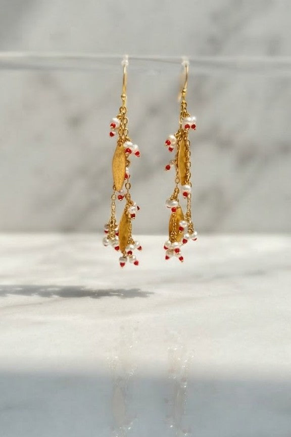 Crimson Dewdrop Cascade Earrings — red and white natural pearl cascade with golden leaf accents from Metrolife by Mine of Design