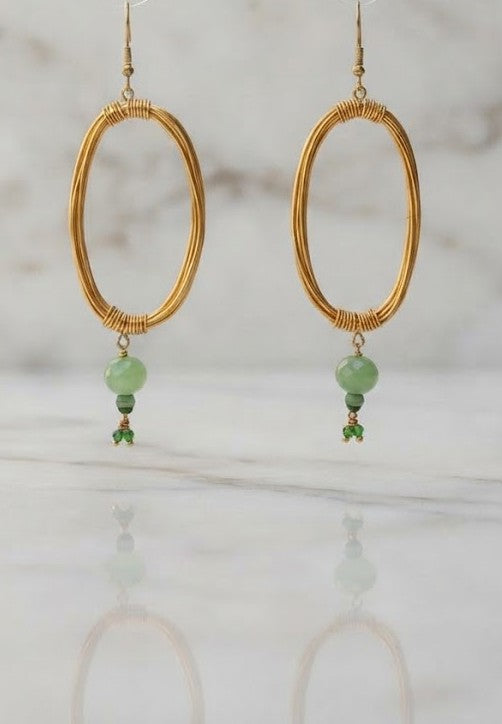 Verdant Oval Hoop Earrings — golden oval hoops with natural green jade stone cluster from Metrolife by Mine of Design