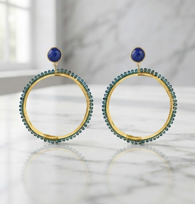 Midnight Sapphire Beaded Hoop Earrings — large golden hoops lined with natural blue gemstone beads from Metrolife by Mine of Design