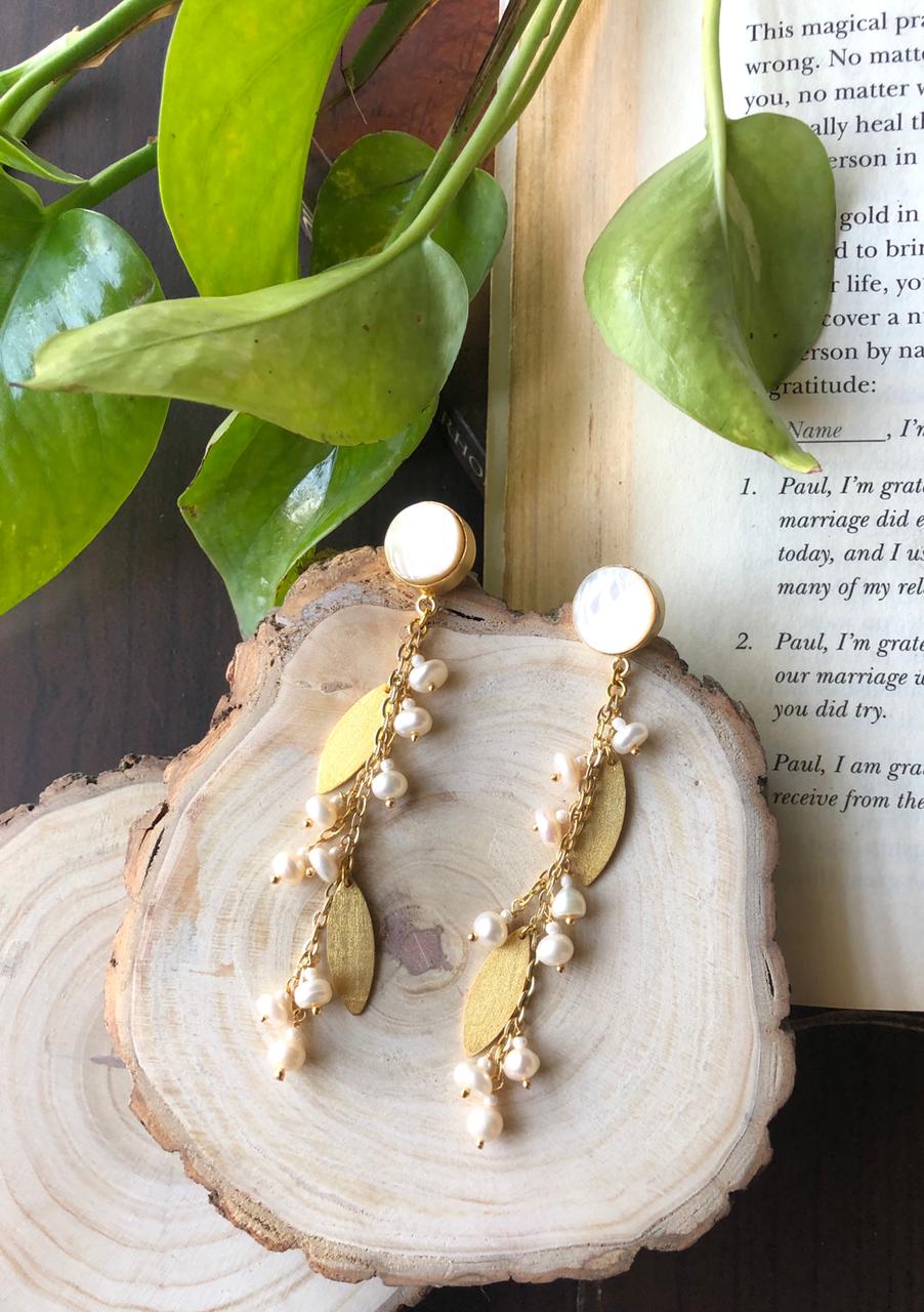 Mother-of-Pearl Drop Earrings — mother-of-pearl stud with cascading gold leaf chain drops from Metrolife by Mine of Design