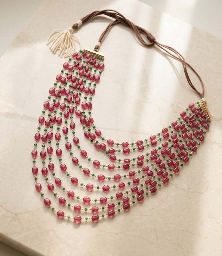 Ruby-Green Beaded Layered Mala