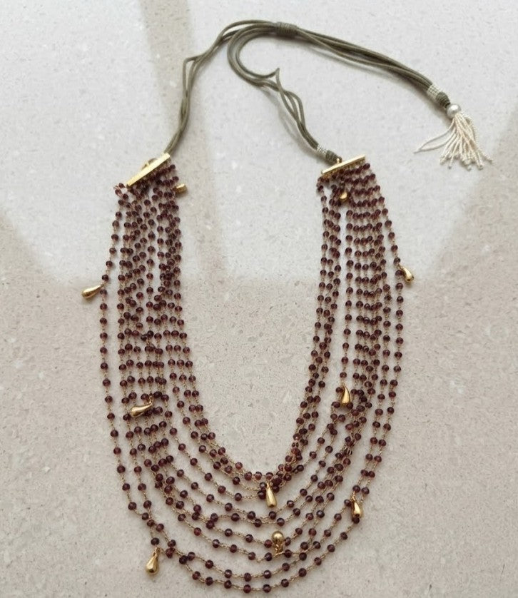 Garnet-Hued Layered Necklace – Multi-Layer Rich Garnet-Hued Stones Draped Across the Neckline