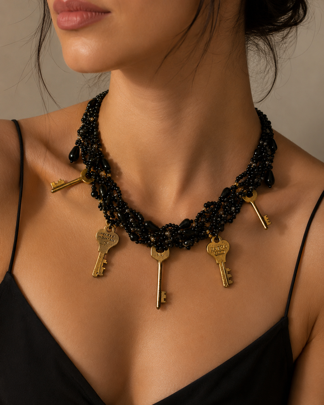 Black Beaded Key Statement Necklace – detail view