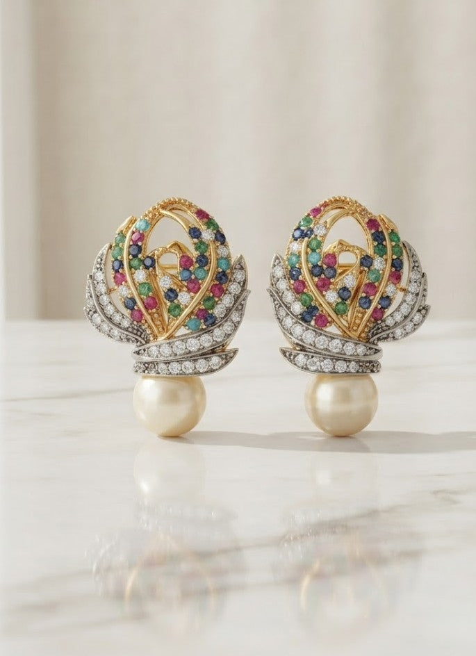 Nizams Multi-Gem Pearl Drop Earrings
