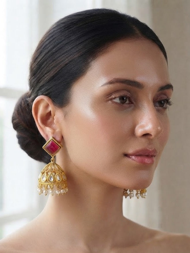 Noor Ruby Geometric Jhumka Earrings