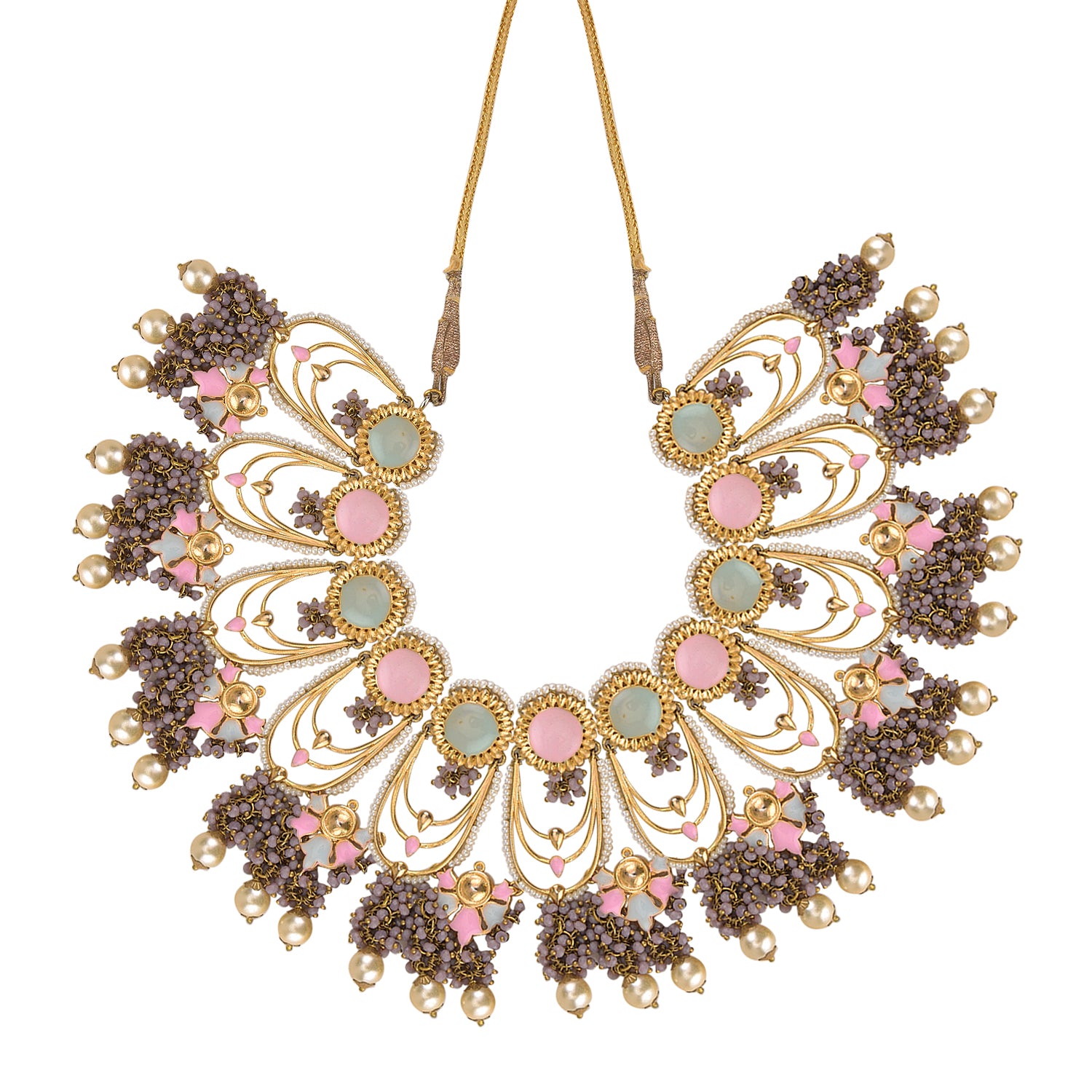 A festive brass necklace with 22K gold plating featuring chandelier-style pendants and multicolored stones.