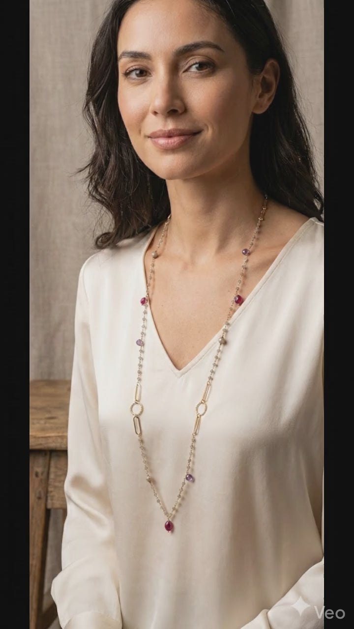 Celestial Gemstone Elegance Long Necklace: 1155mm Labradorite, Ruby, Pearl & Amethyst