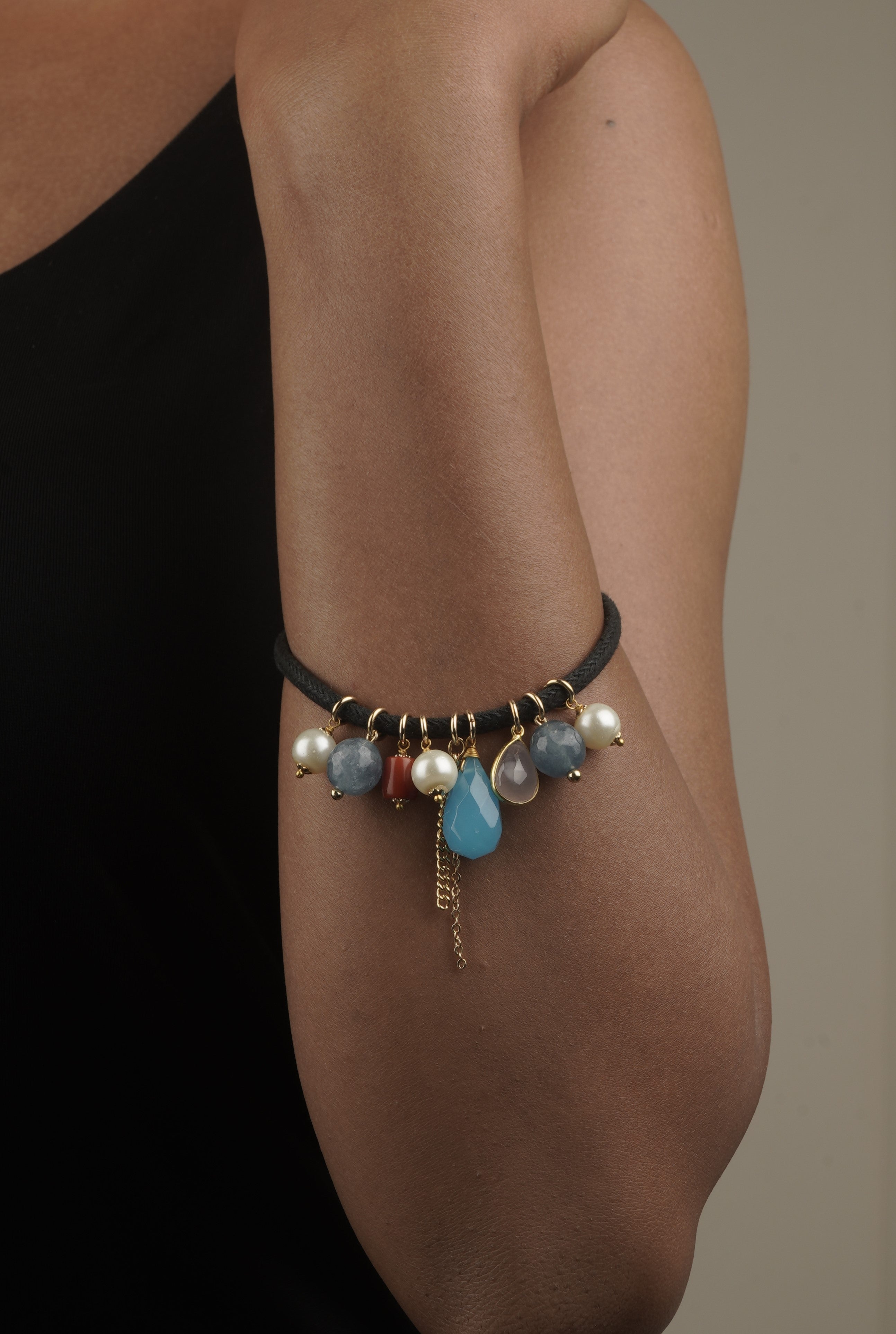 Rakhi Radiant Fusion Necklace in Chalcedony, Glass, Pearl, and Coral 46mm