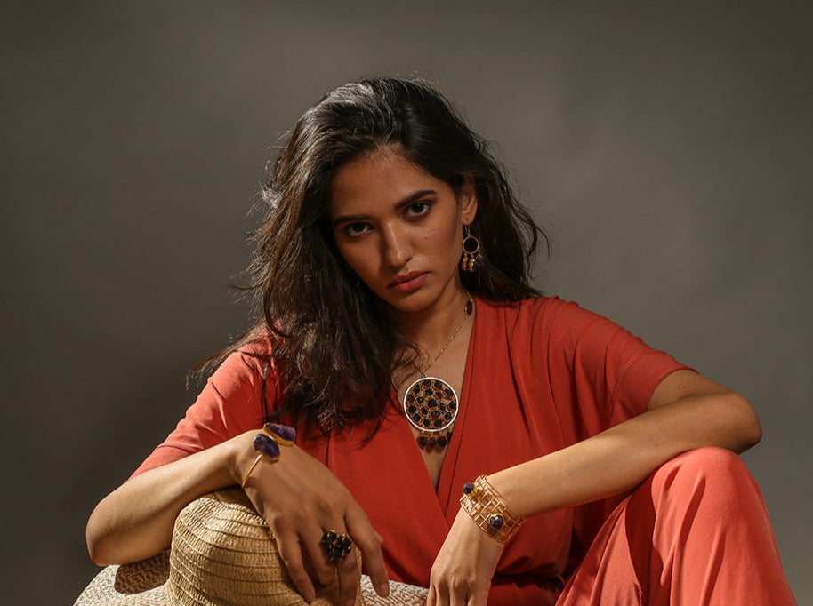 Stone Age Necklace - Brass with 22K Gold, Natural Stones, and Artisanal Design