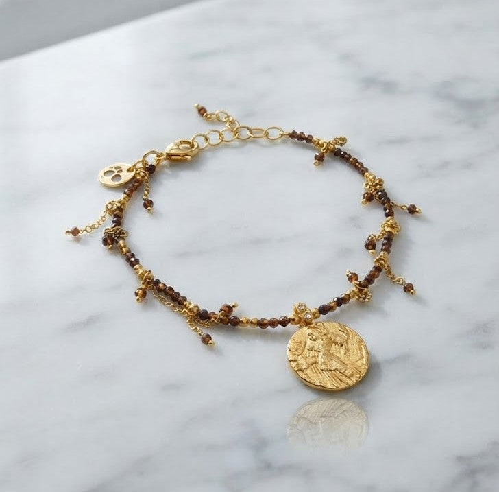 Vintage Coin Charm Bracelet – Delicate Gold Chain Bracelet with Garnet Beads and Coin Motifs