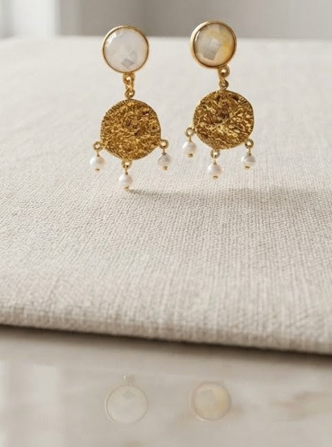 Gilded Pearl Keepsakes Earrings – Hand-Hammered Rustic Gold Disc with Lustrous Pearl Drops