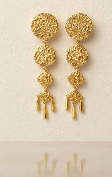 The Cascading Coin Dangles – Three-Tiered Intricate Golden Coin Motif Earrings with Delicate Charms