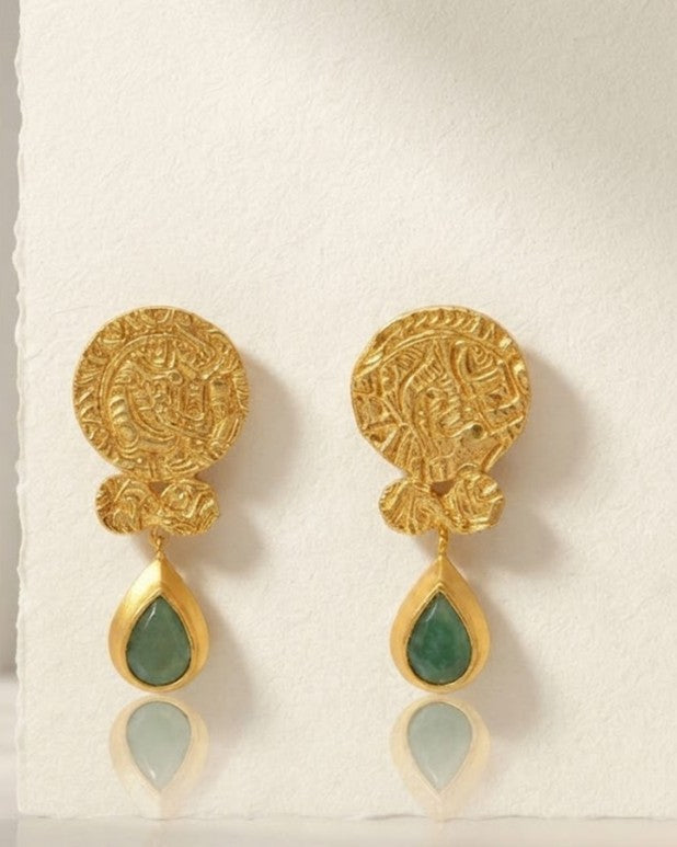 The Sahitiya Emerald Aura Earrings – Ancient-Inspired Gold Coin with Teardrop Green Stone Drops
