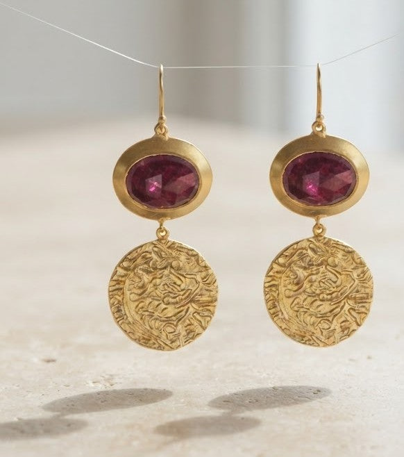 Garnet Golden Disc Earrings - Mine of Design Sahitya Collection