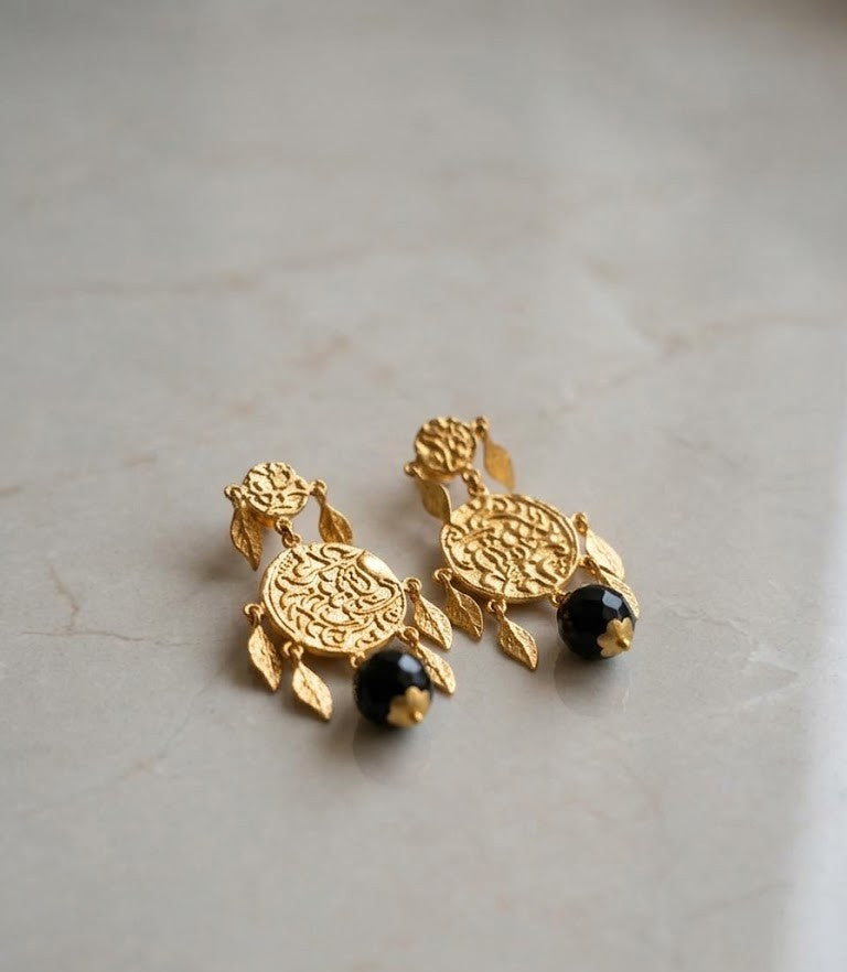 Gilded Sahitya Earrings – Antique Gold Coin Motifs with Jet-Black Bead Dangles