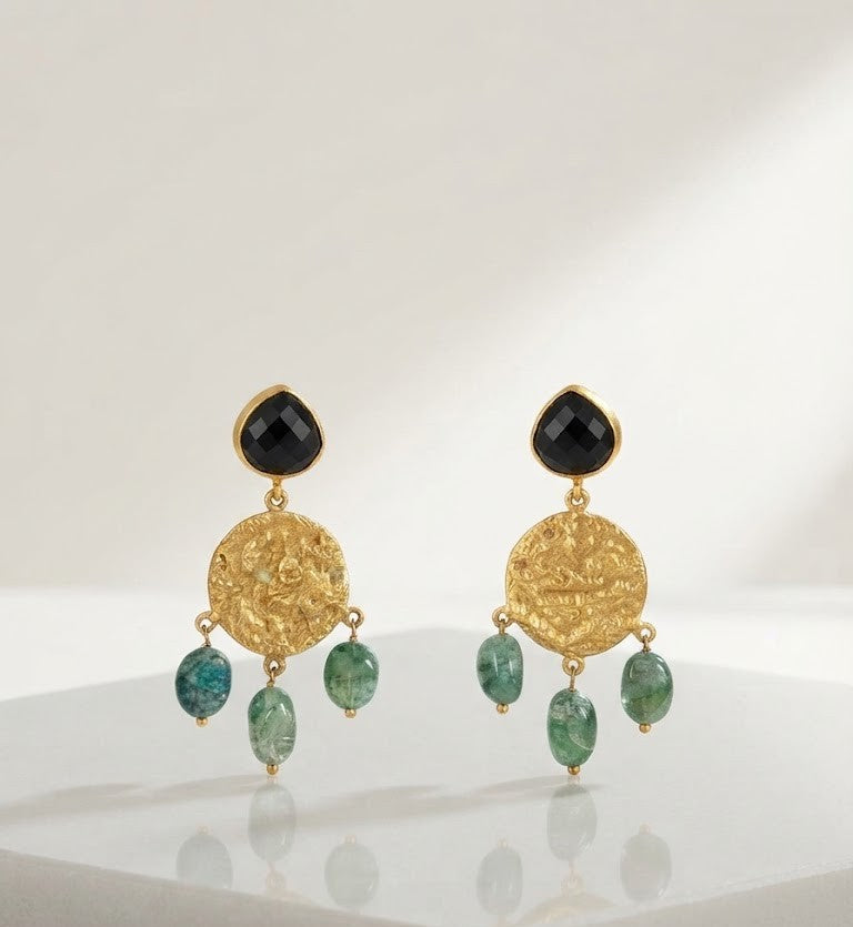 Emerald Coin Vintage Earrings – Rustic Gold Coin with Polished Green Stone Dangles
