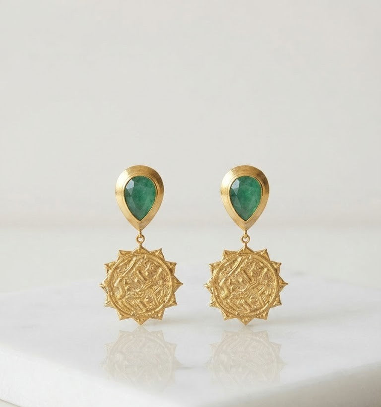 The Radiant Emerald Sunbursts Earrings – Emerald Cut Stone with Carved Sunburst Coin Drop