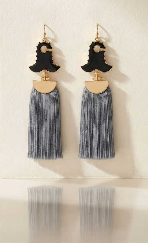 The Sahitiya Dusk Tassels – Architectural Gold Metalwork with Slate-Grey Silk Tassel Earrings