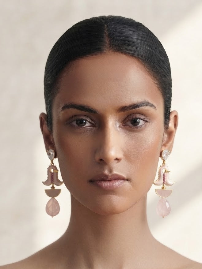 The Blush Crystal Drops – model wearing crystal, pink enamel floral and rose quartz drop earrings
