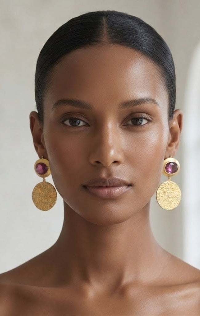 Garnet Golden Disc Earrings detail - Mine of Design