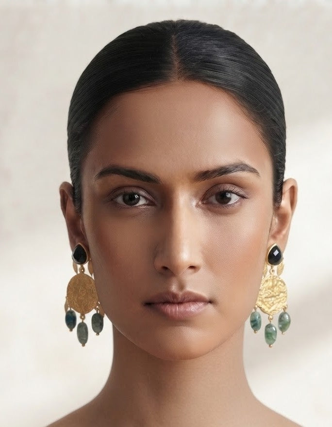 Emerald Coin Vintage Earrings – model wearing antique gold and green stone heritage earrings
