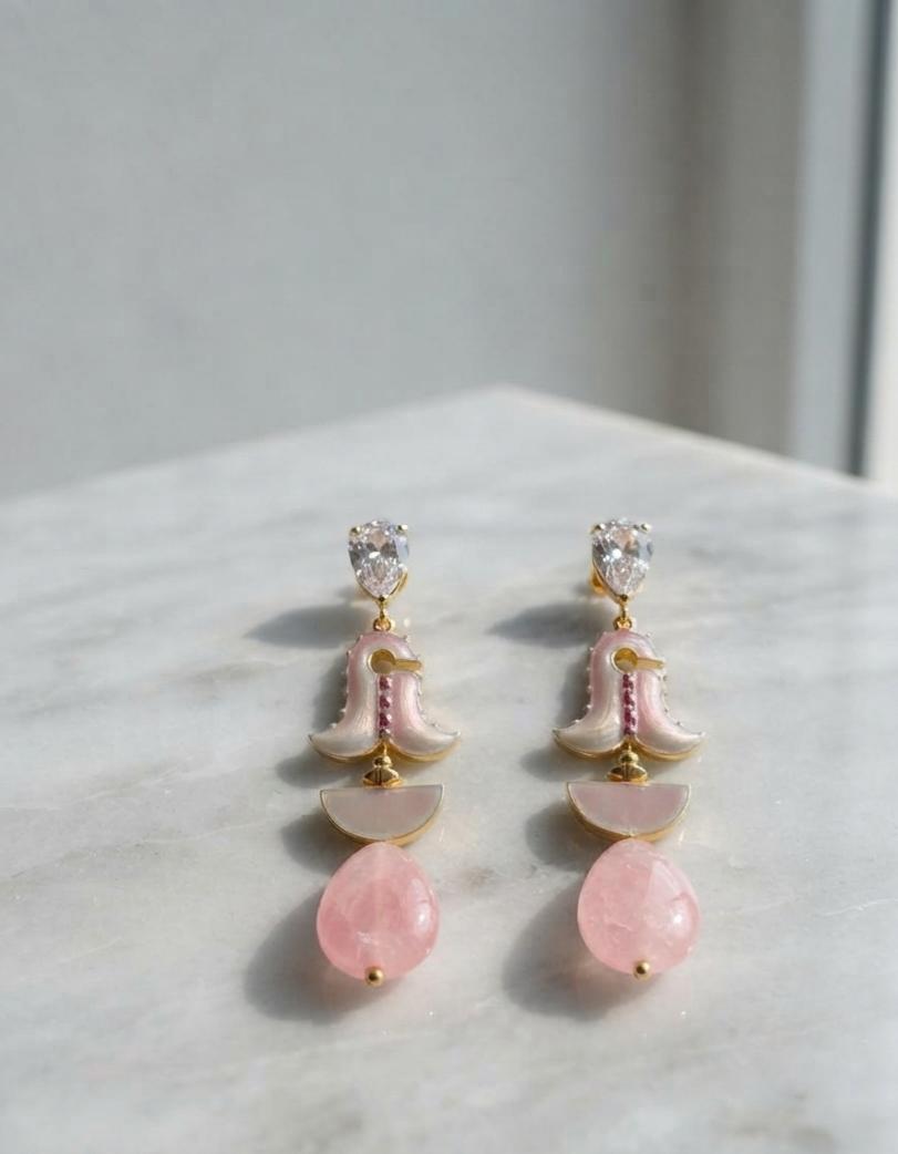 The Blush Crystal Drops Earrings – Crystal Top with Pink Enamel Florals and Rose Quartz Drops, flat lay