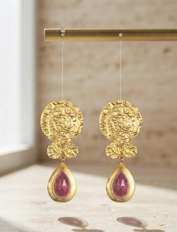 Garnet Teardrop Coin Earrings - Mine of Design Sahitya Collection