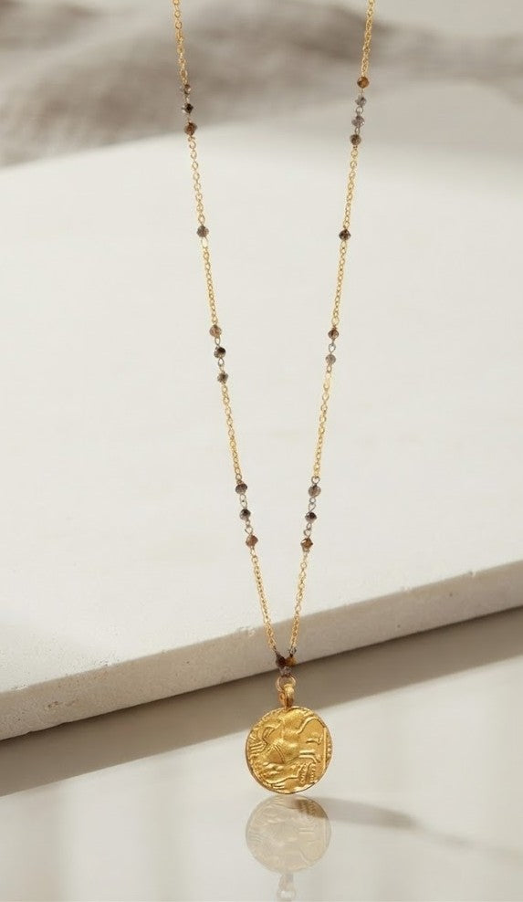 Dainty Coin Necklace – Minimalist Intricately Textured Gold Disc on Delicate Beaded Chain